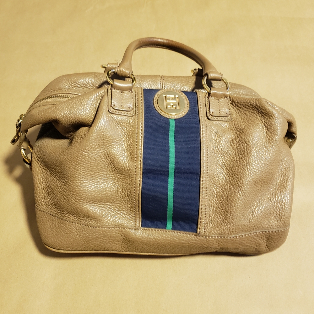 Tommy Hilfiger Tan Duffel Bag with Blue and Green Stripe